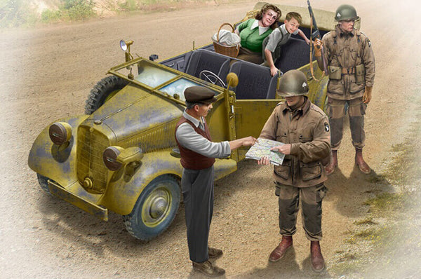 1/35 scale model MasterBox Hitching a Ride, US Paratrooper and Civilians