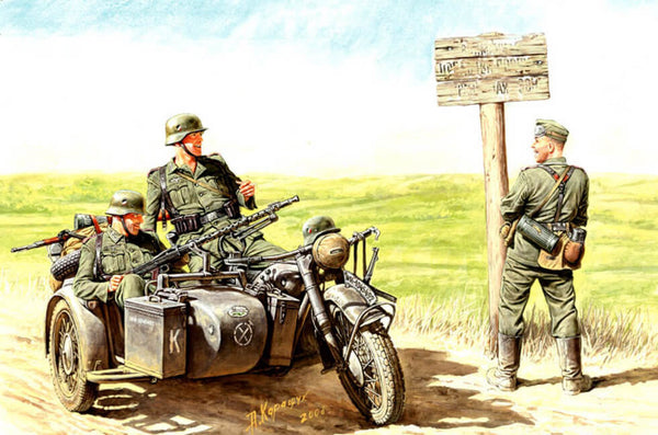 1/35 scale model MasterBox German Motorcyclists 1940-1943 "Letting off steam..."