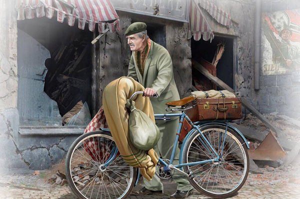 1/35 scale model MasterBox European Civilian on Bike, 1944-45, 'The Price of War'