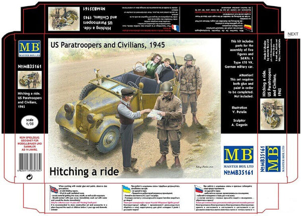 1/35 scale model MasterBox Hitching a Ride, US Paratrooper and Civilians