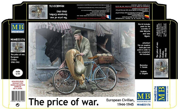1/35 scale model MasterBox European Civilian on Bike, 1944-45, 'The Price of War'