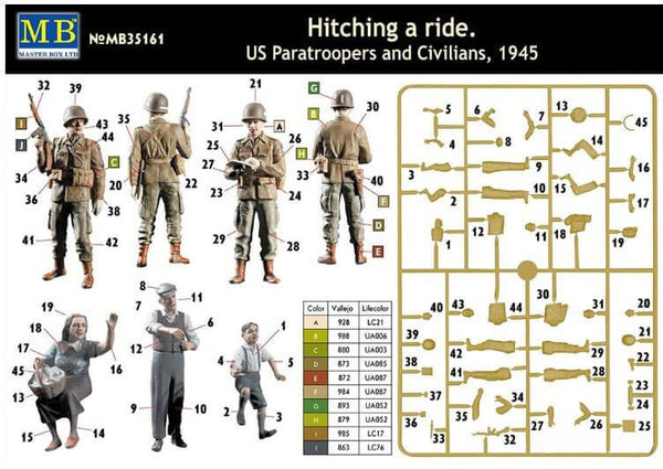 1/35 scale model MasterBox Hitching a Ride, US Paratrooper and Civilians