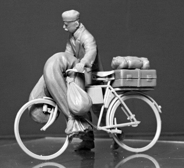 1/35 scale model MasterBox European Civilian on Bike, 1944-45, 'The Price of War'