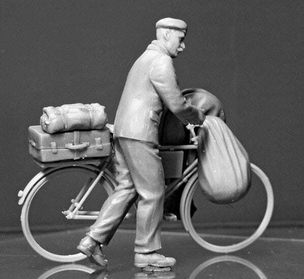 1/35 scale model MasterBox European Civilian on Bike, 1944-45, 'The Price of War'