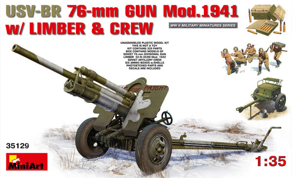 1/35 scale model Miniart USV-BR 76mm Gun Mod.1941 with Limber and Crew