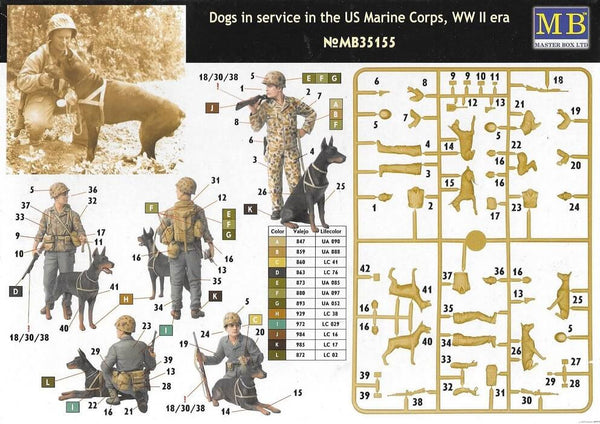 1/35 scale model MasterBox Dogs in service in the US Marine Corps WWII 35155