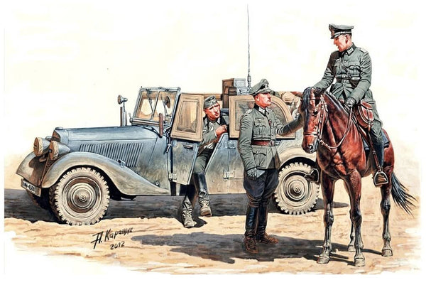 1/35 scale model MasterBox Urgent dispatch German Military Radio Car Sd. Kfz. 2 Type Mercedes 170VK with a crew 35151