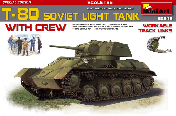1/35 scale model Miniart T-80 Soviet Light Tank with Crew Workable tracks