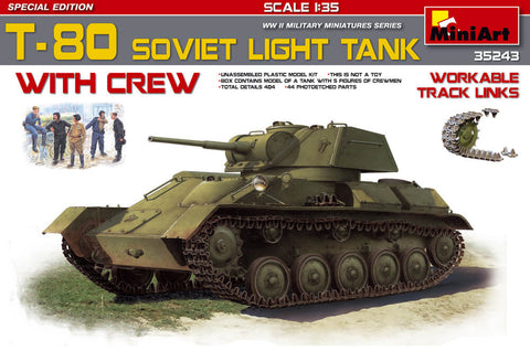 1/35 scale model Miniart T-80 Soviet Light Tank with Crew Workable tracks
