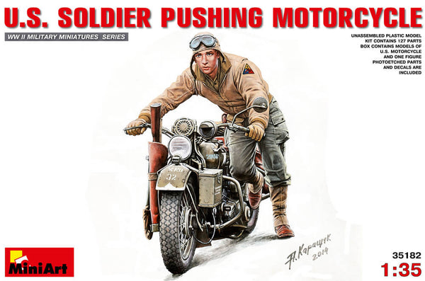 1/35 scale model Miniart U.S. Soldier Pushing Motorcycle Plastic Figure Kit 35182