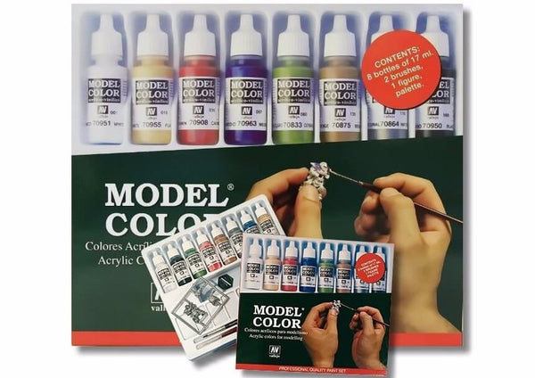 Vallejo Model Colour Starter Set 8 Bottles 2 Brushes Palette
