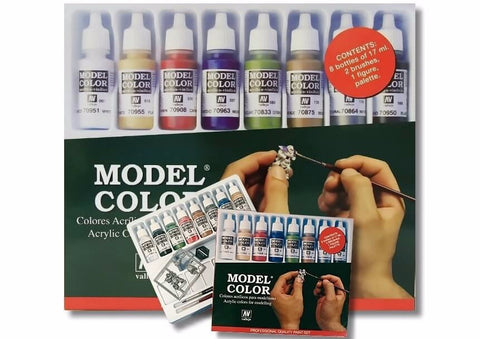 Vallejo Model Colour Starter Set 8 Bottles 2 Brushes Palette